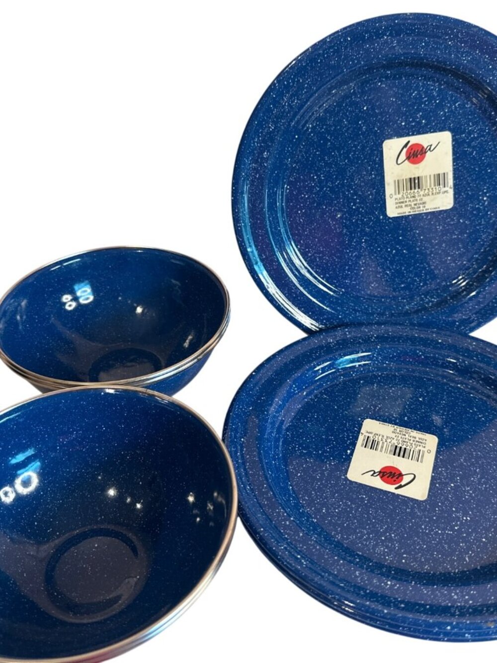Vintage Cinsa Royal Speckled Enamelware set Plates Bowls 8 Pieces Blue